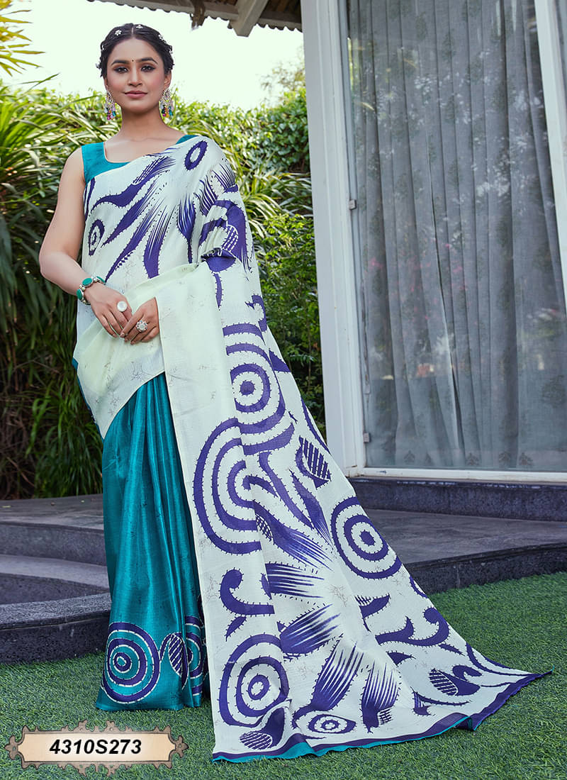     			Satrani Cotton Blend Printed Saree With Unstitched Blouse Piece ( Blue )