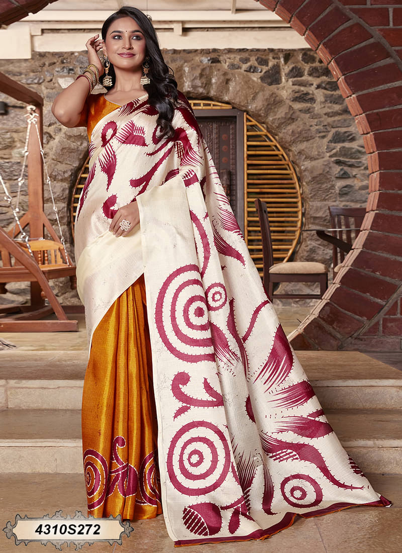 Satrani Cotton Blend Printed Saree With Unstitched Blouse Piece ( Yellow ) Satrani Cotton Blend Printed Saree With Unstitched Blouse Piece ( Yellow )
