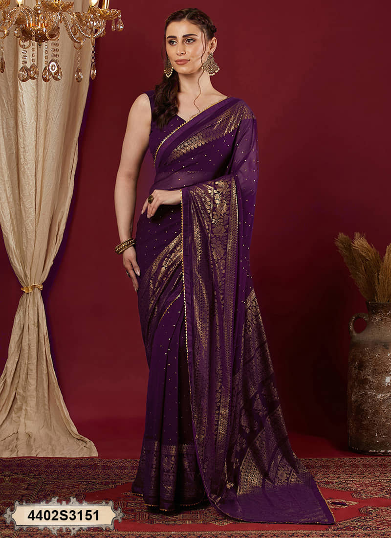 Satrani Georgette Printed Banarasi saree With Unstitched Blouse Piece ( Purple ) - Sarees | Buy online on ZillyBuy