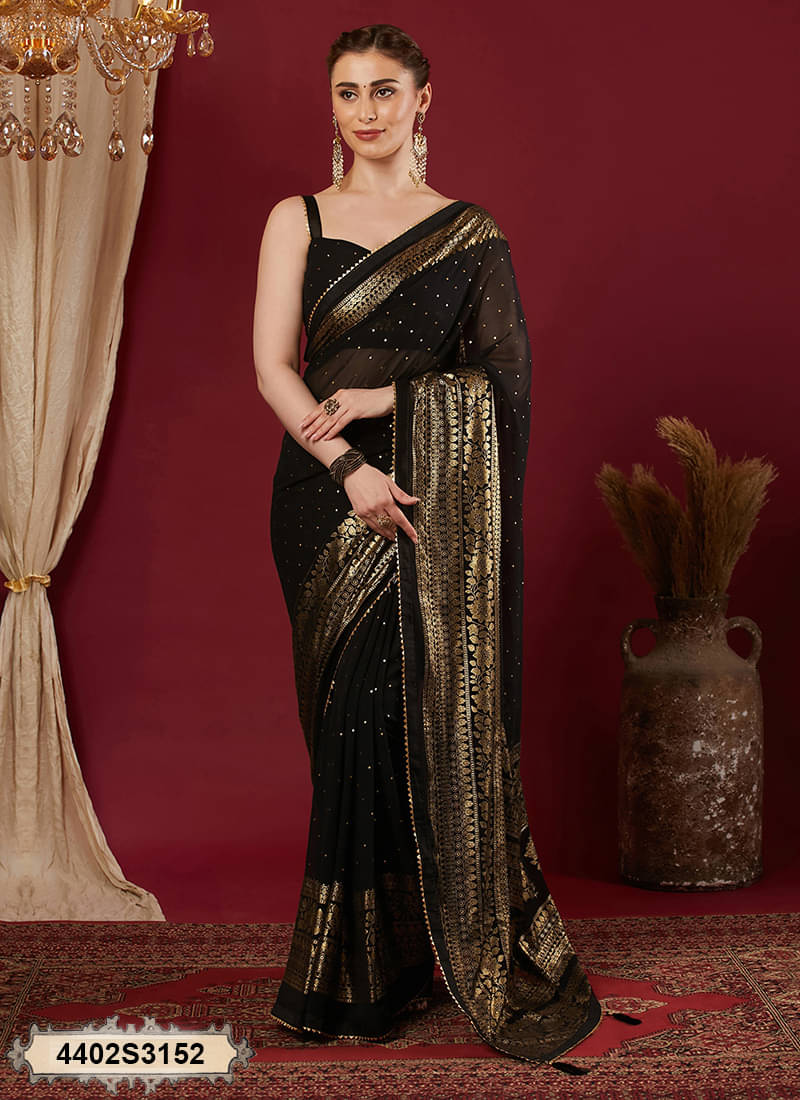     			Satrani Georgette Printed Banarasi saree With Unstitched Blouse Piece ( Black )