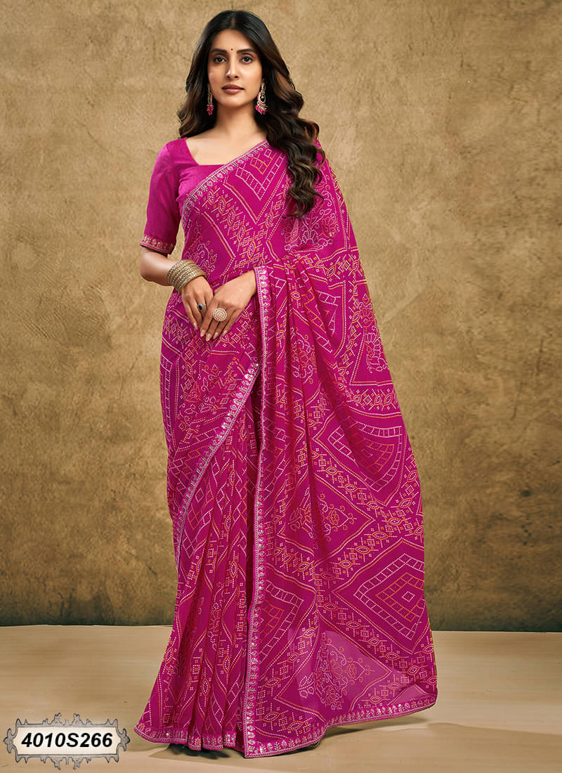     			Satrani Georgette Printed Bandhani Sarees With Unstitched Blouse Piece ( Pink )