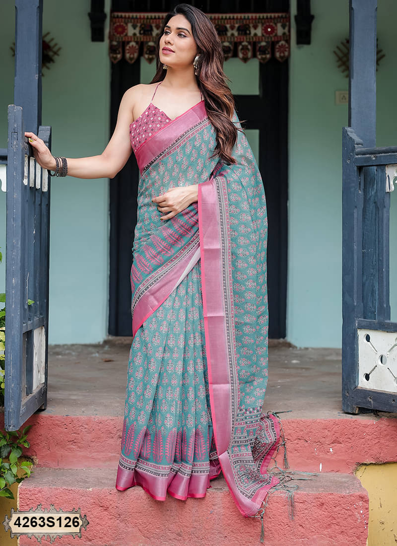 Satrani Linen Printed Saree With Unstitched Blouse Piece ( Blue ) Satrani Linen Printed Saree With Unstitched Blouse Piece ( Blue )