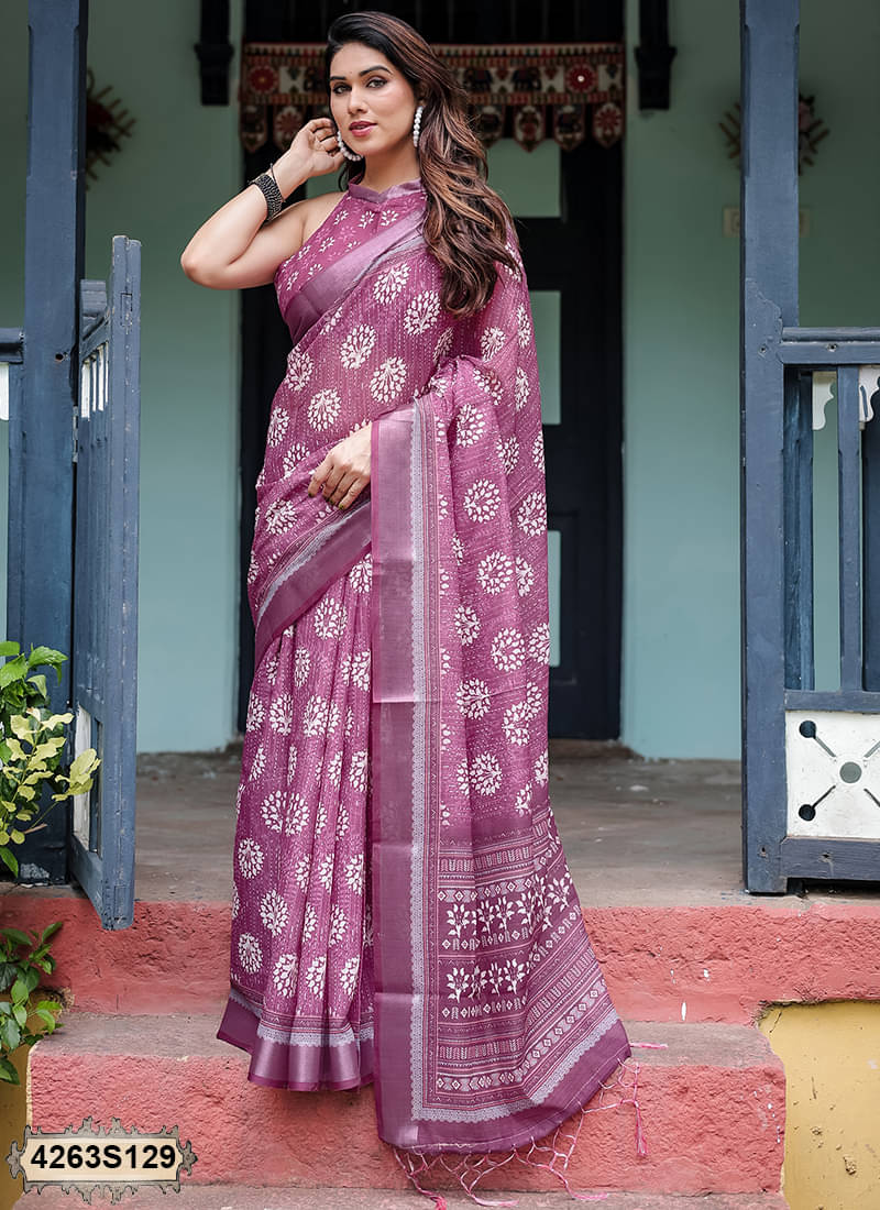 Satrani Linen Printed Saree With Unstitched Blouse Piece ( Pink ) Satrani Linen Printed Saree With Unstitched Blouse Piece ( Pink )