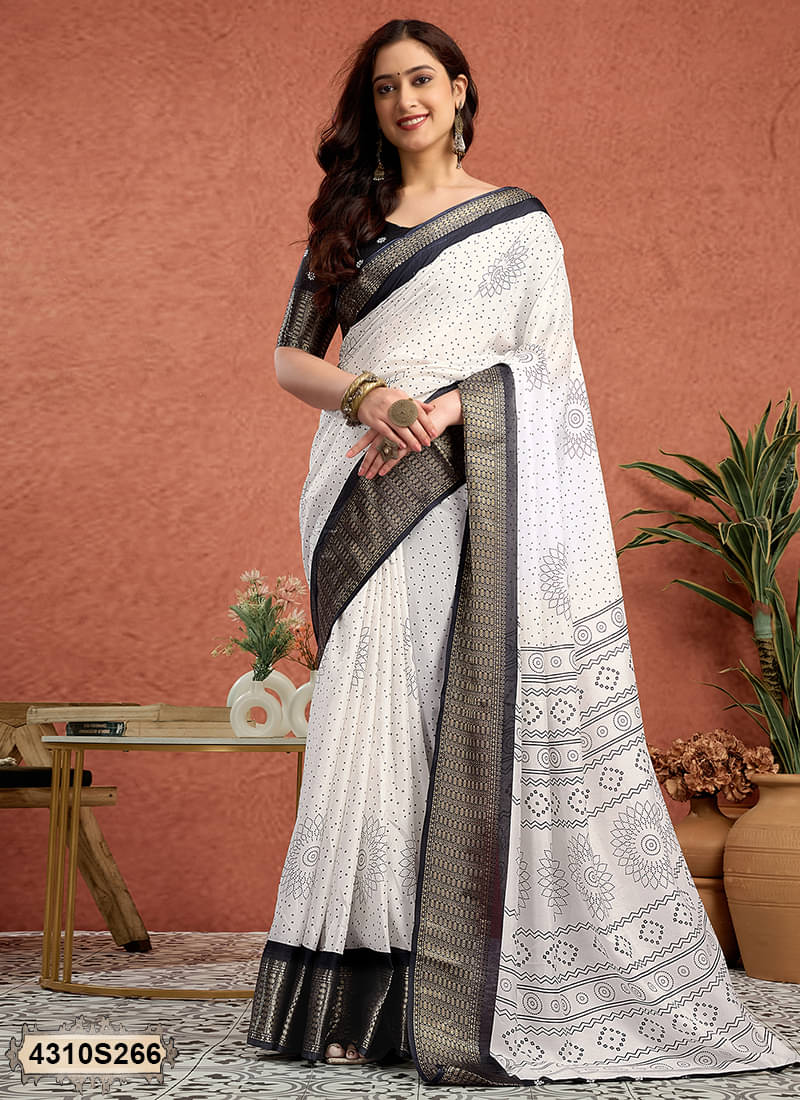 Satrani Silk Printed Bandhani Sarees With Unstitched Blouse Piece ( White ) Satrani Silk Printed Bandhani Sarees With Unstitched Blouse Piece ( White )
