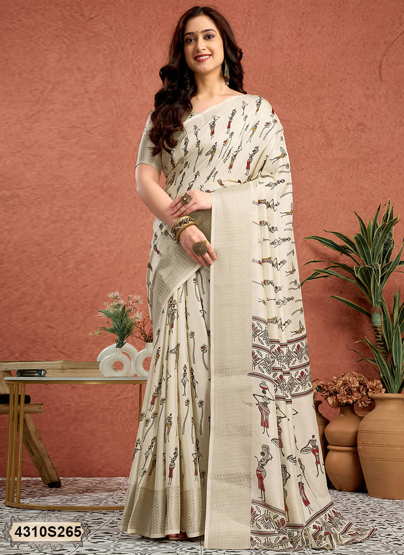 Satrani Silk Printed Saree With Unstitched Blouse Piece ( Cream ) Satrani Silk Printed Saree With Unstitched Blouse Piece ( Cream )
