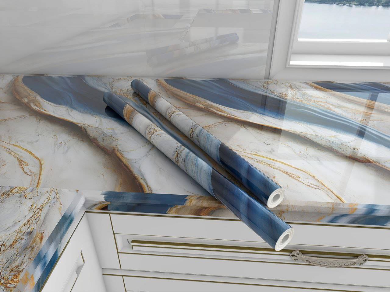     			Swipe n See Dark Blue & Gold Marble Self-Adhesive Vinyl Wallpaper (60x200 cm)