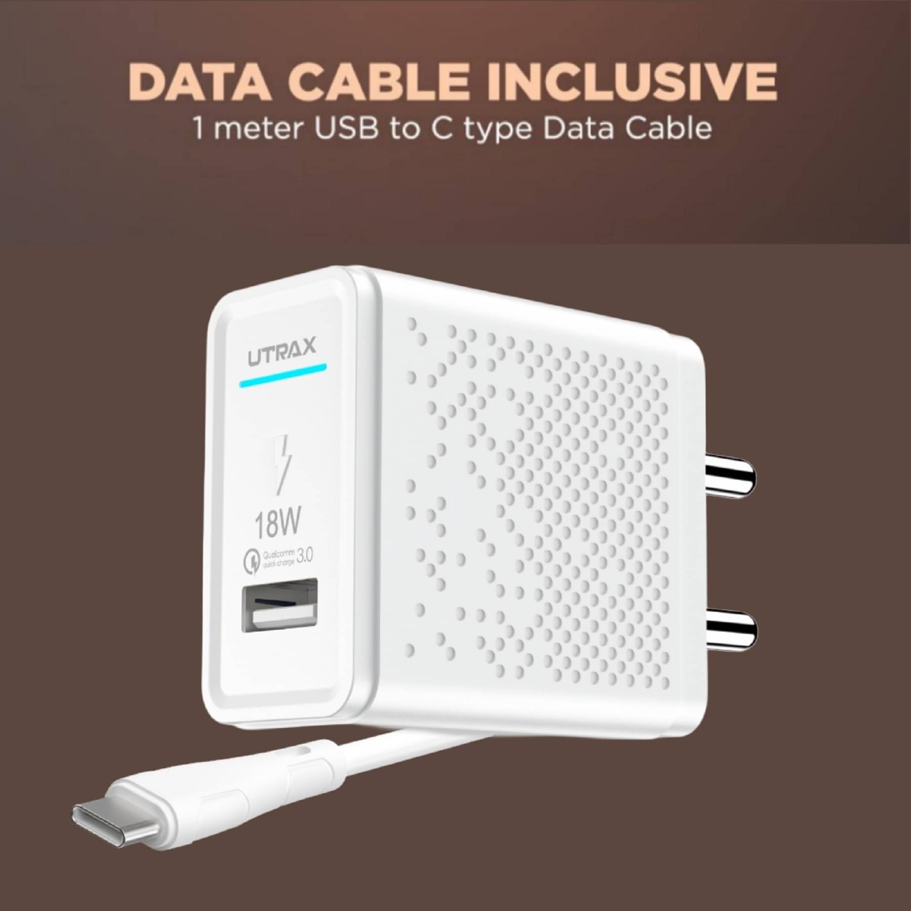     			UTRAX 18 W Qualcomm 3.1 A Wall Charger for Mobile with Detachable Cable  (White, Cable Included)