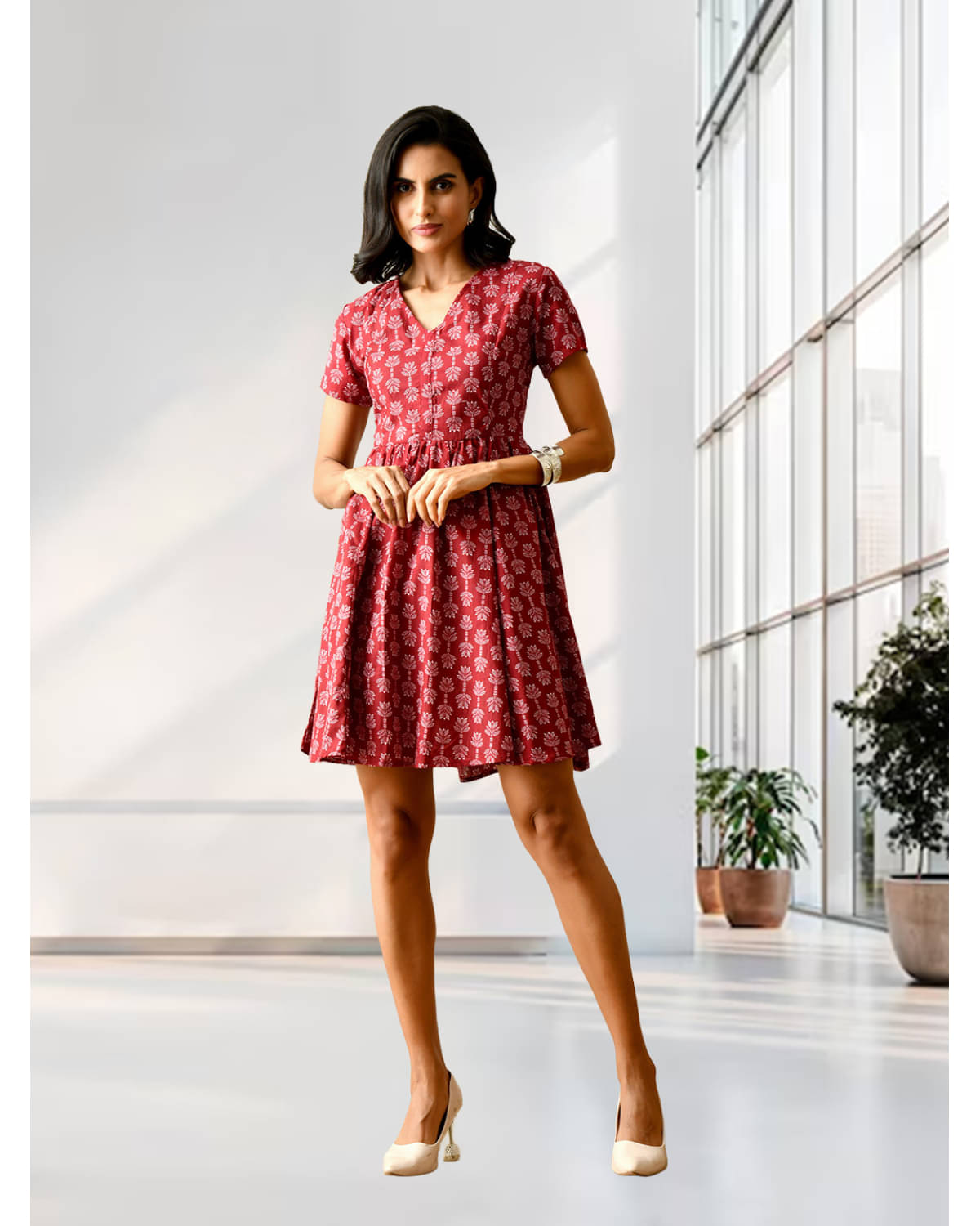     			Unicus Apparel Women Cotton Printed Fit & Flare Dress ( Red )