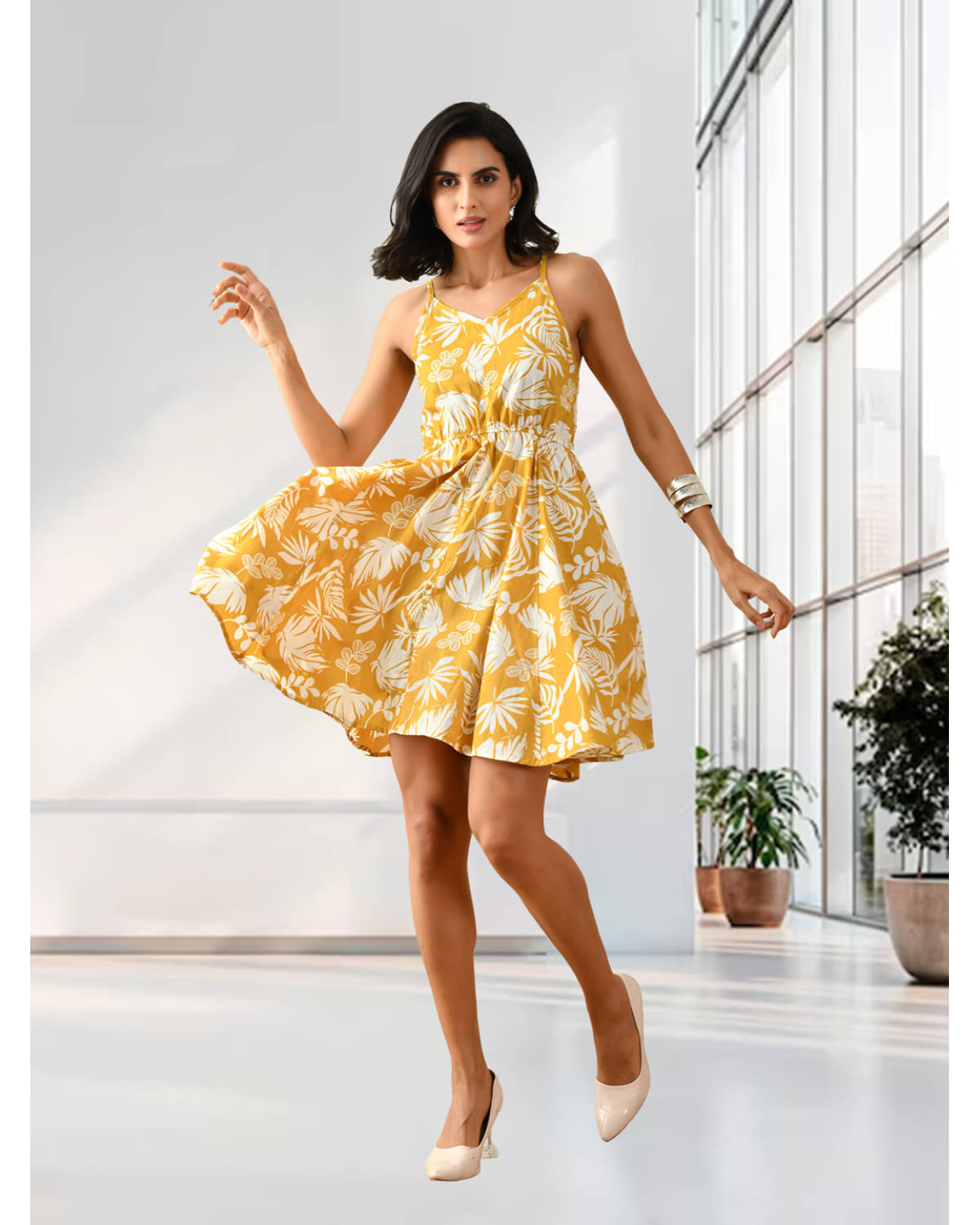     			Unicus Apparel Women Cotton Printed Fit & Flare Dress ( Yellow )