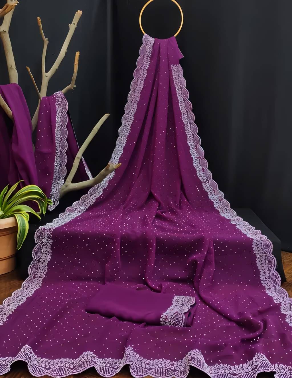     			V FANCY Georgette Solid Kanjeevaram Sarees With Stitched Blouse ( Purple )