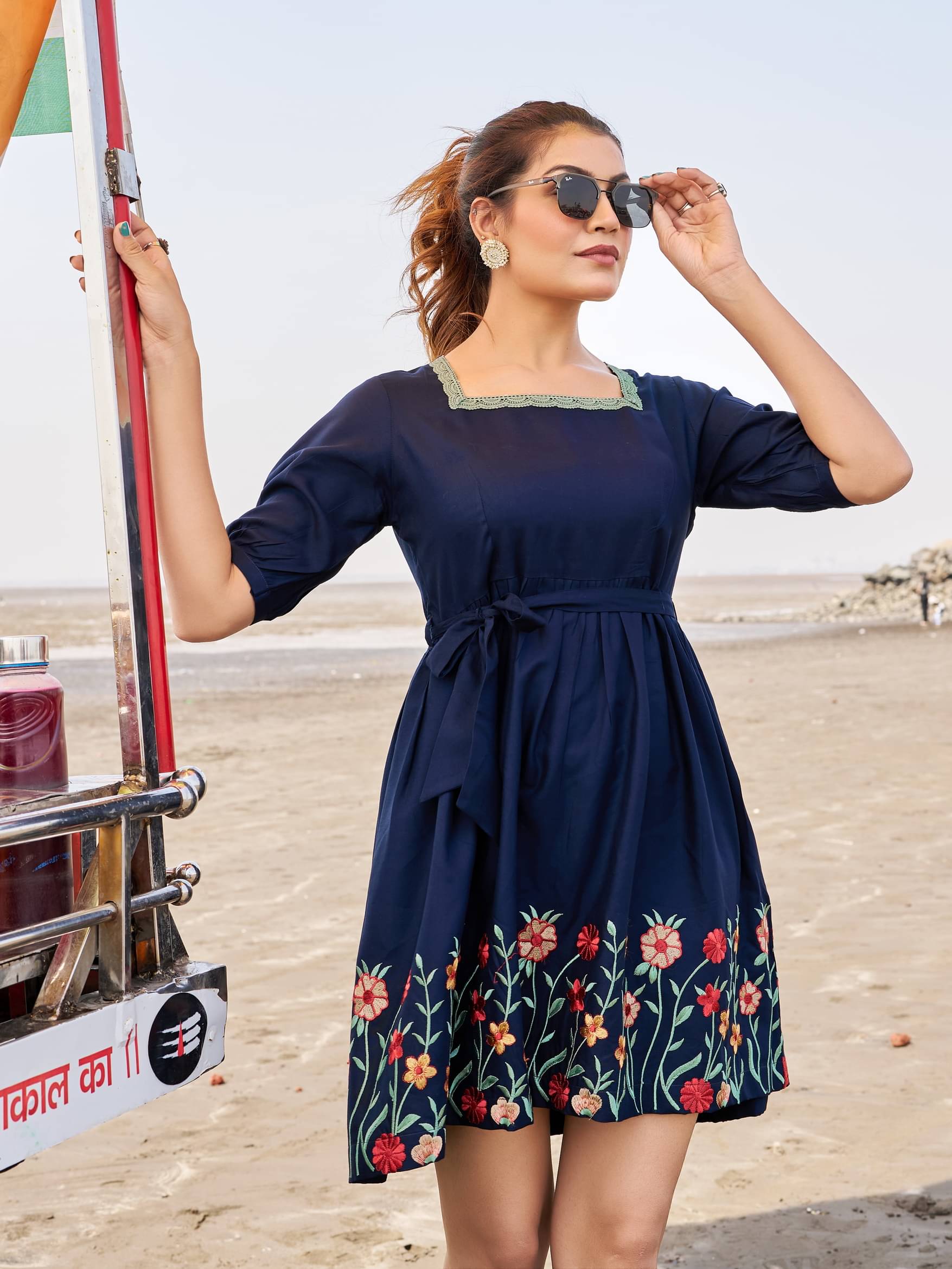     			VIBEVISION Women Viscose Rayon Self Design A-line Dress ( Navy Blue )