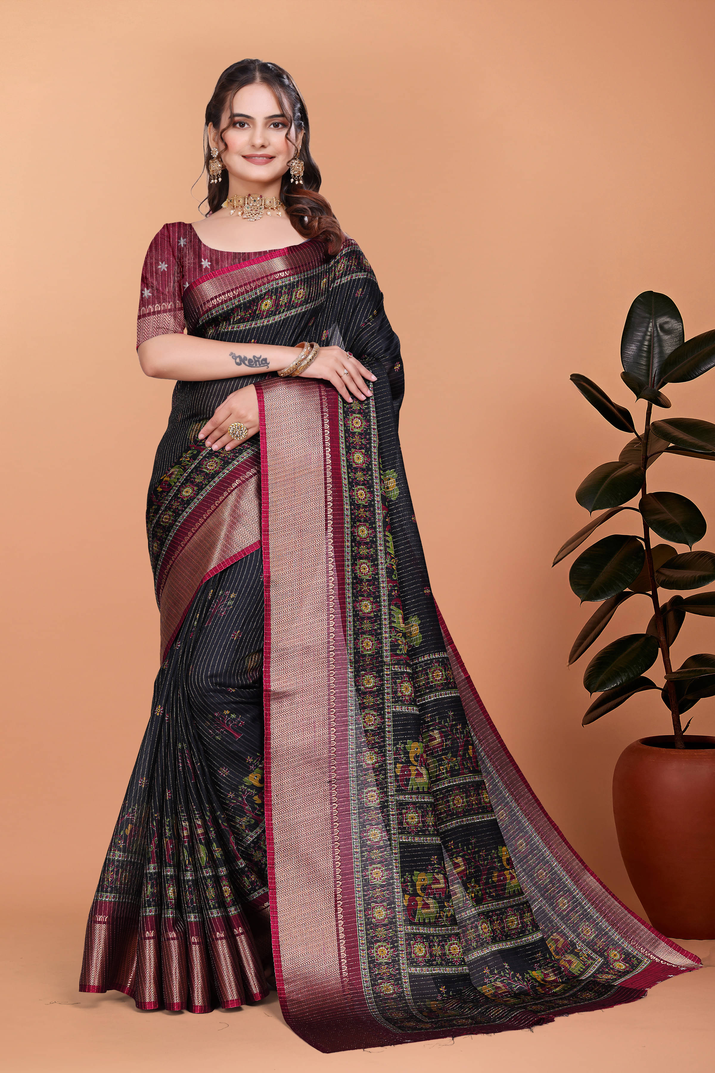     			VS MALL Art Silk Self Design Kanjeevaram Sarees With Unstitched Blouse Piece ( Black )