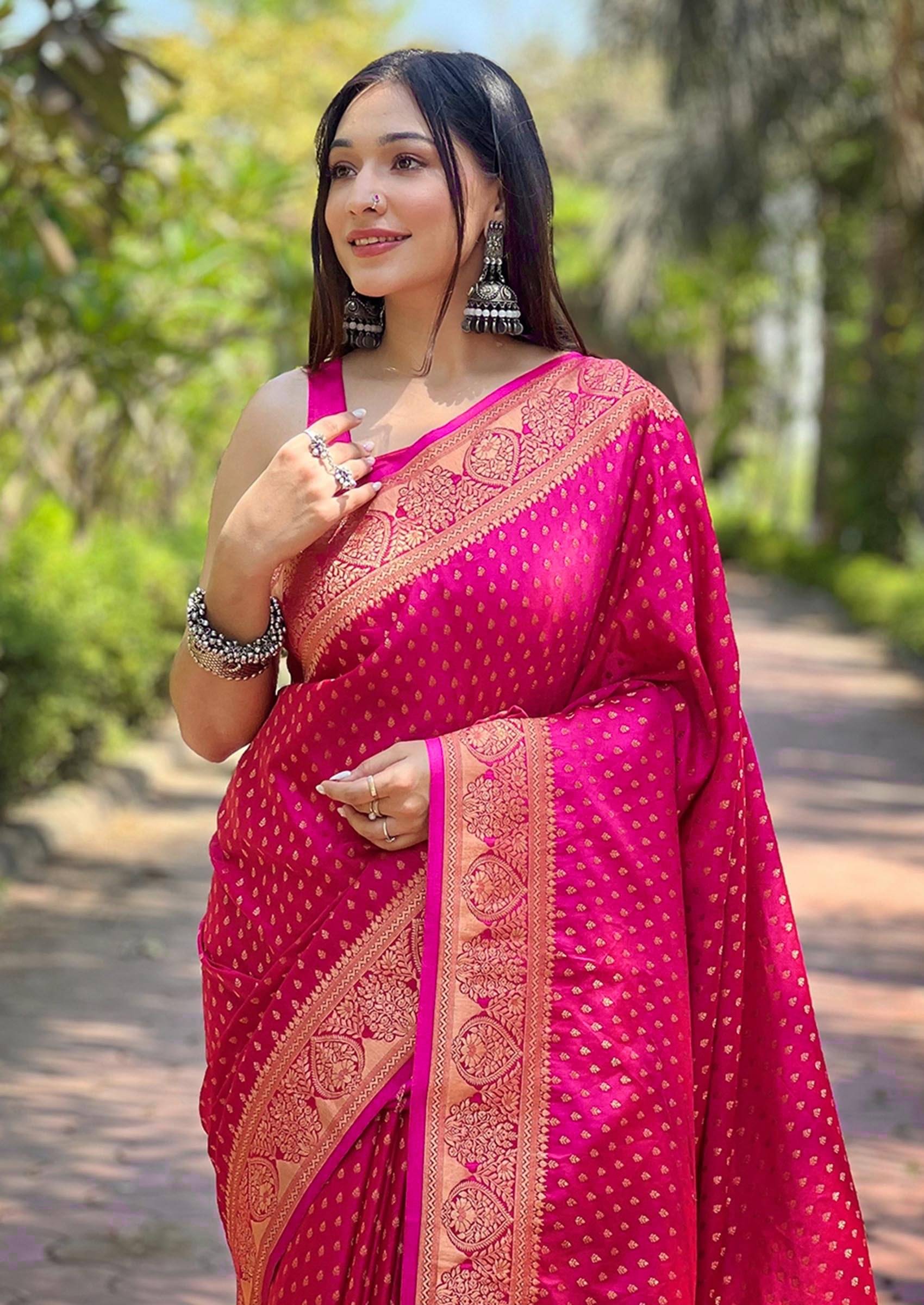     			WOVEN STOCK Silk Self Design Banarasi saree With Unstitched Blouse Piece ( Pink )