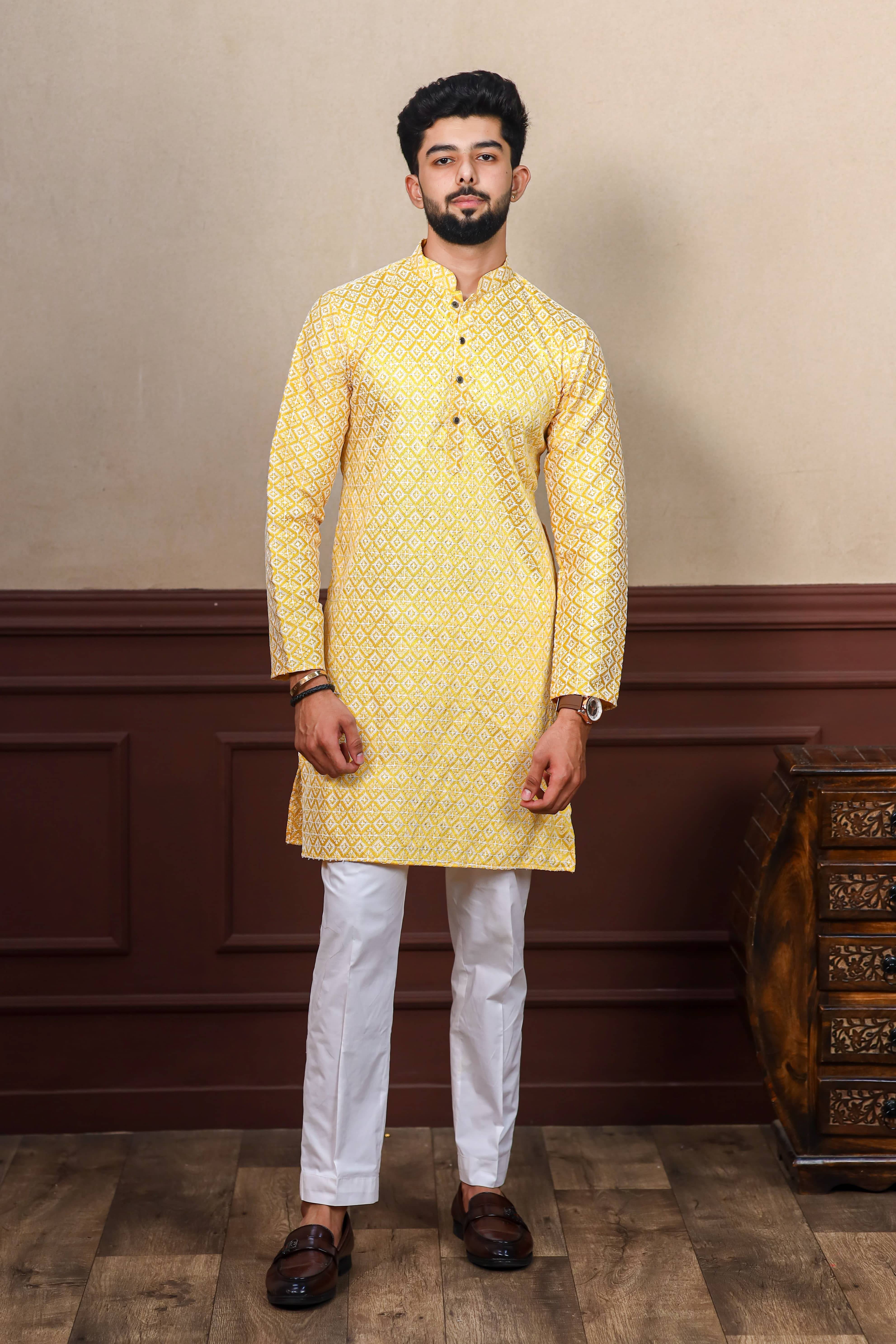     			koshin Yellow Silk Men's Regular Kurta ( Pack of 1 )