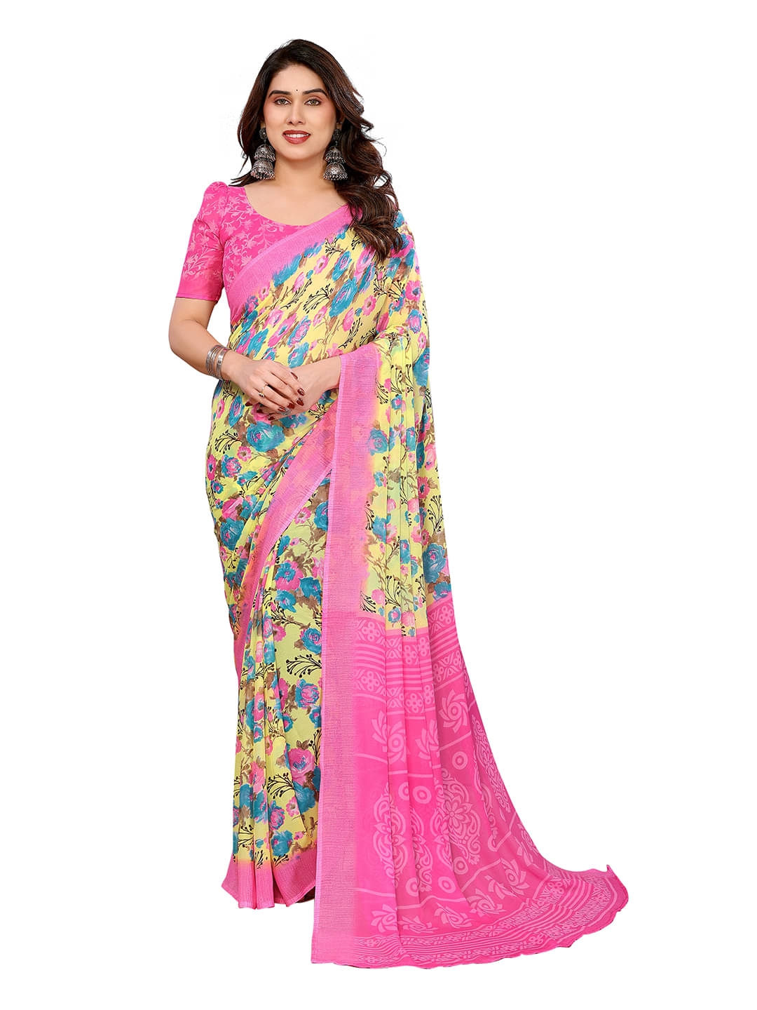 ANAND SAREES Georgette Printed Ilkal Saree With Unstitched Blouse Piece ( Yellow ) ANAND SAREES Georgette Printed Ilkal Saree With Unstitched Blouse Piece ( Yellow )