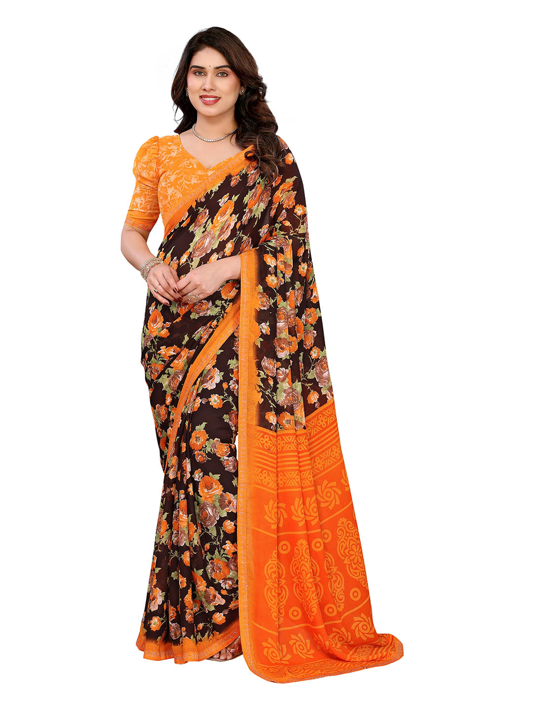 ANAND SAREES Georgette Printed Ilkal Saree With Unstitched Blouse Piece ( Brown ) ANAND SAREES Georgette Printed Ilkal Saree With Unstitched Blouse Piece ( Brown )