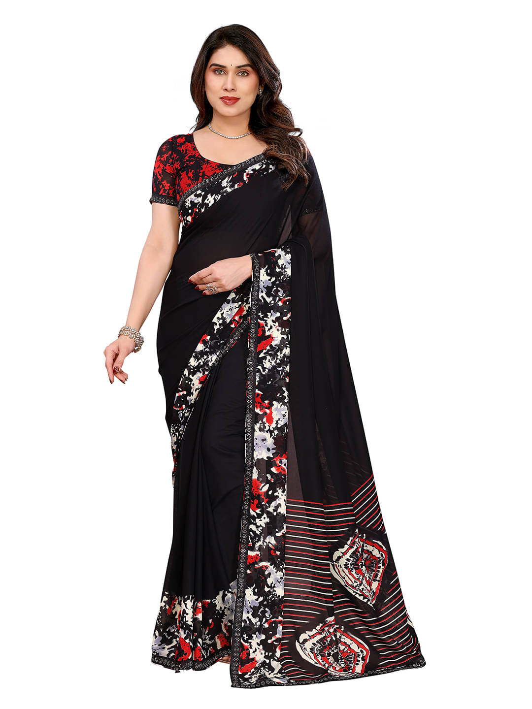ANAND SAREES Georgette Printed Ilkal Saree With Unstitched Blouse Piece ( Black )     			ANAND SAREES Georgette Printed Ilkal Saree With Unstitched Blouse Piece ( Black )