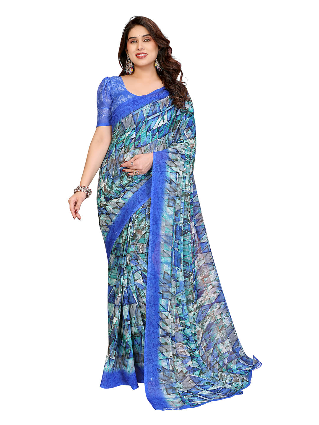ANAND SAREES Georgette Printed Ilkal Saree With Unstitched Blouse Piece ( Blue ) ANAND SAREES Georgette Printed Ilkal Saree With Unstitched Blouse Piece ( Blue )