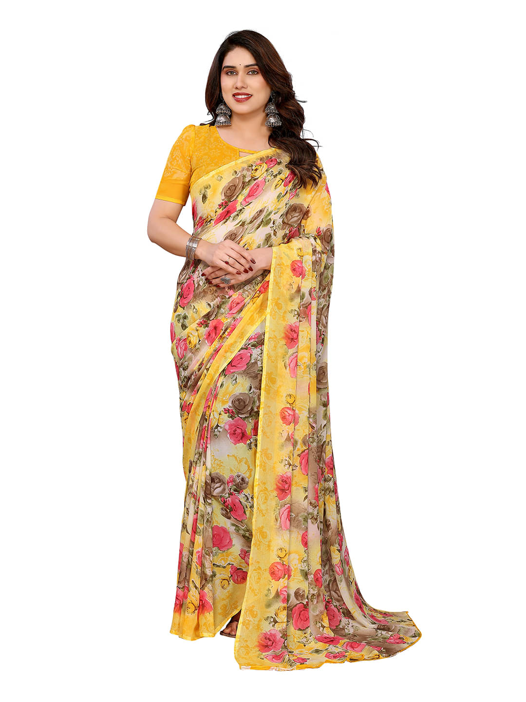 ANAND SAREES Georgette Printed Ilkal Saree With Unstitched Blouse Piece ( Yellow ) ANAND SAREES Georgette Printed Ilkal Saree With Unstitched Blouse Piece ( Yellow )