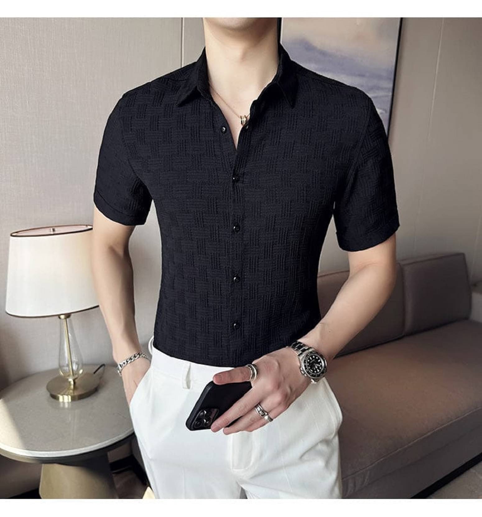 ARZ Cotton Blend Regular Fit Self Design Half Sleeves Men's Casual Shirt - Black ( Pack of 1 )     			ARZ Cotton Blend Regular Fit Self Design Half Sleeves Men's Casual Shirt - Black ( Pack of 1 )