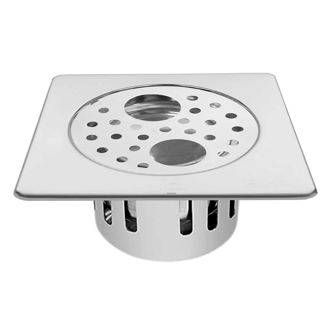 BATHBLISS Stainless Steel 5"x5" Holly Square Double Hole with Anti Cockroach Water Drain Lock Jali for Bathroom & Kitchen (Pack of 1)