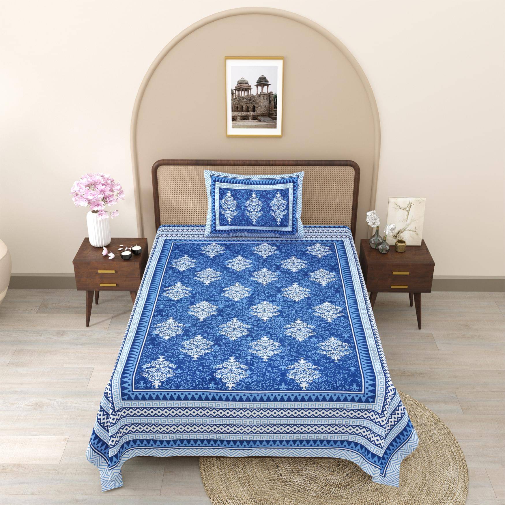     			Bombay Spreads Cotton 1 Single Bedsheet with 1 Pillow Cover ( Blue )