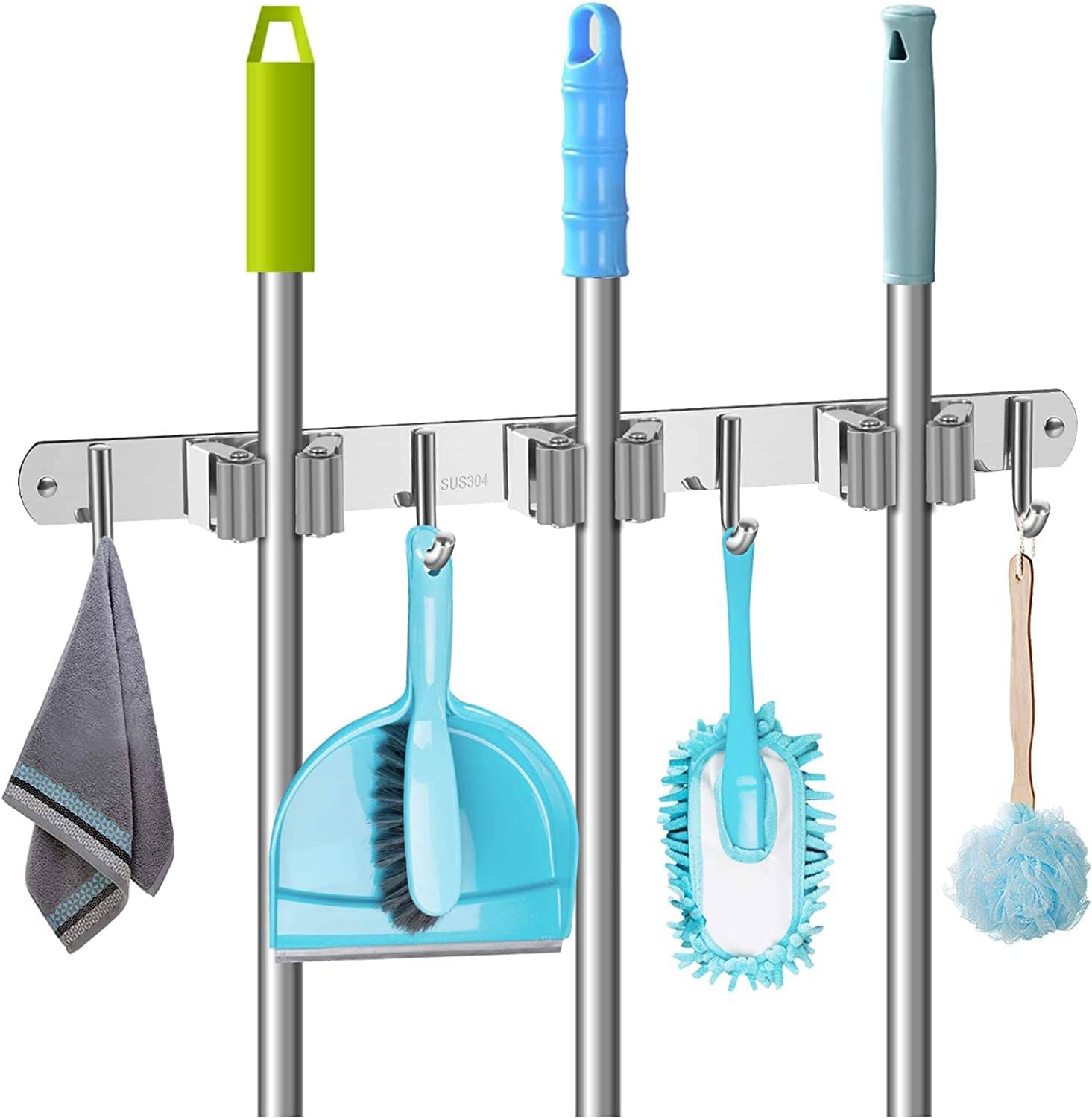    			CASSOWARY Broom Mop Holder Wall Mount Stainless Steel Wall Mounted Storage Organizer Heavy Duty Tools Hanger with 3 Racks 4 Hooks for Kitchen Bathroom Closet Garage Office Garden Hanging Shelves