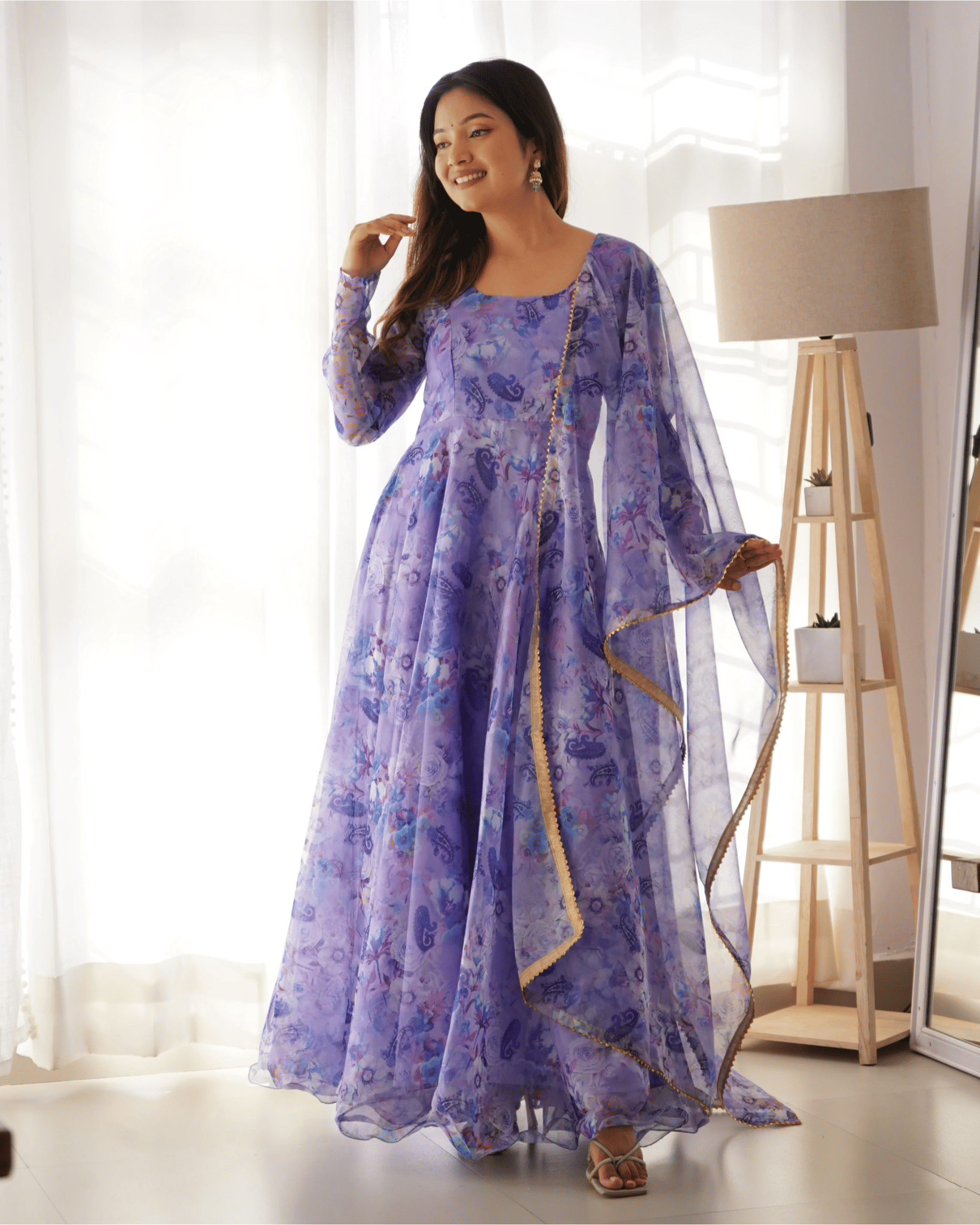     			Estela Women Organza Printed Flared Kurti With Pants ( Purple )