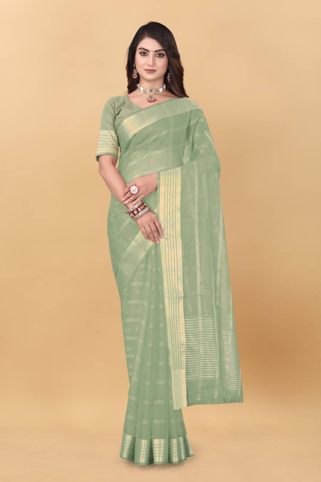     			GSAREEJII Organza Dyed Saree With Unstitched Blouse Piece ( Mint Green )
