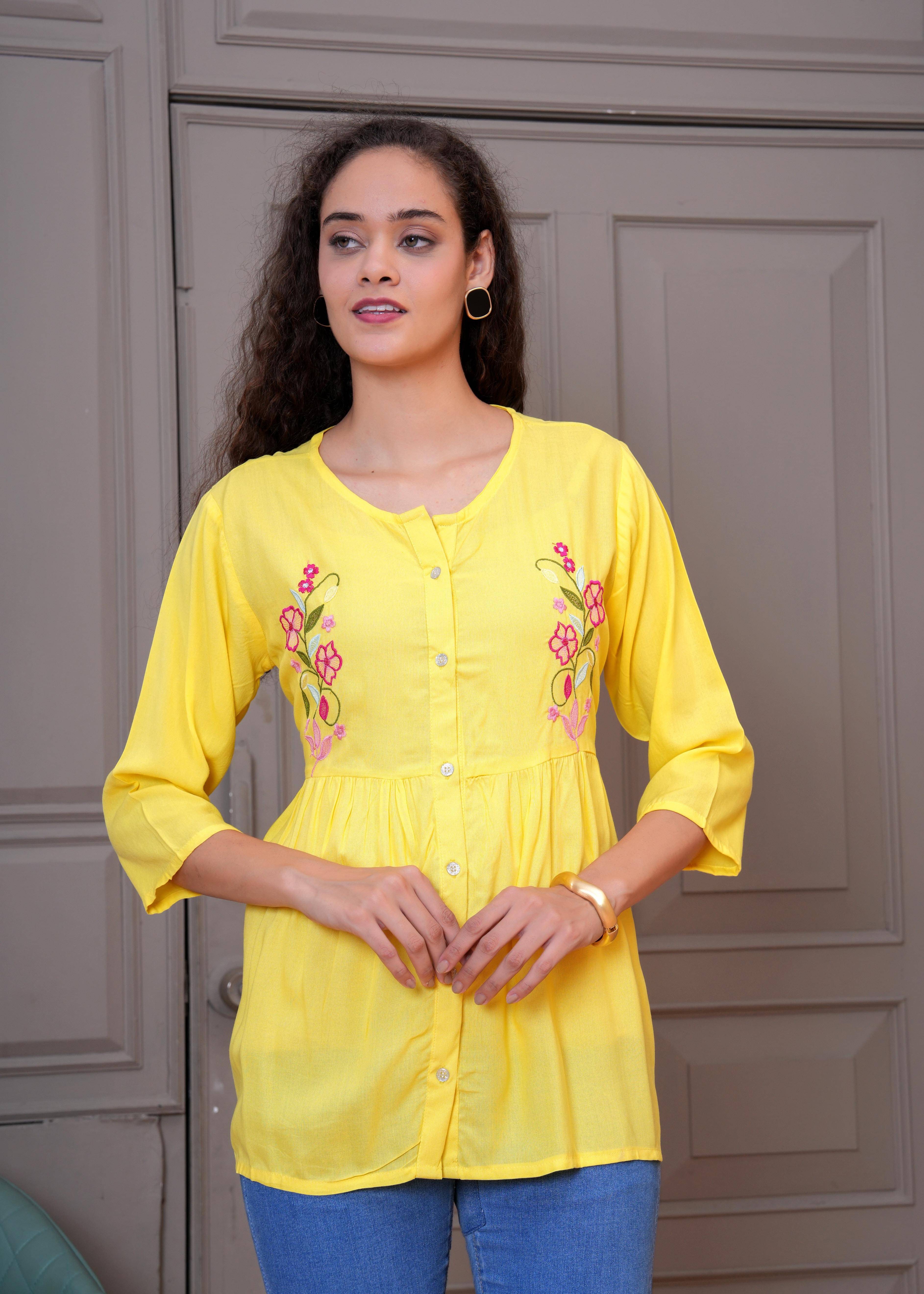 HIGHLIGHT FASHION EXPORT Women's Viscose Rayon Regular Top ( Yellow ) HIGHLIGHT FASHION EXPORT Women's Viscose Rayon Regular Top ( Yellow )