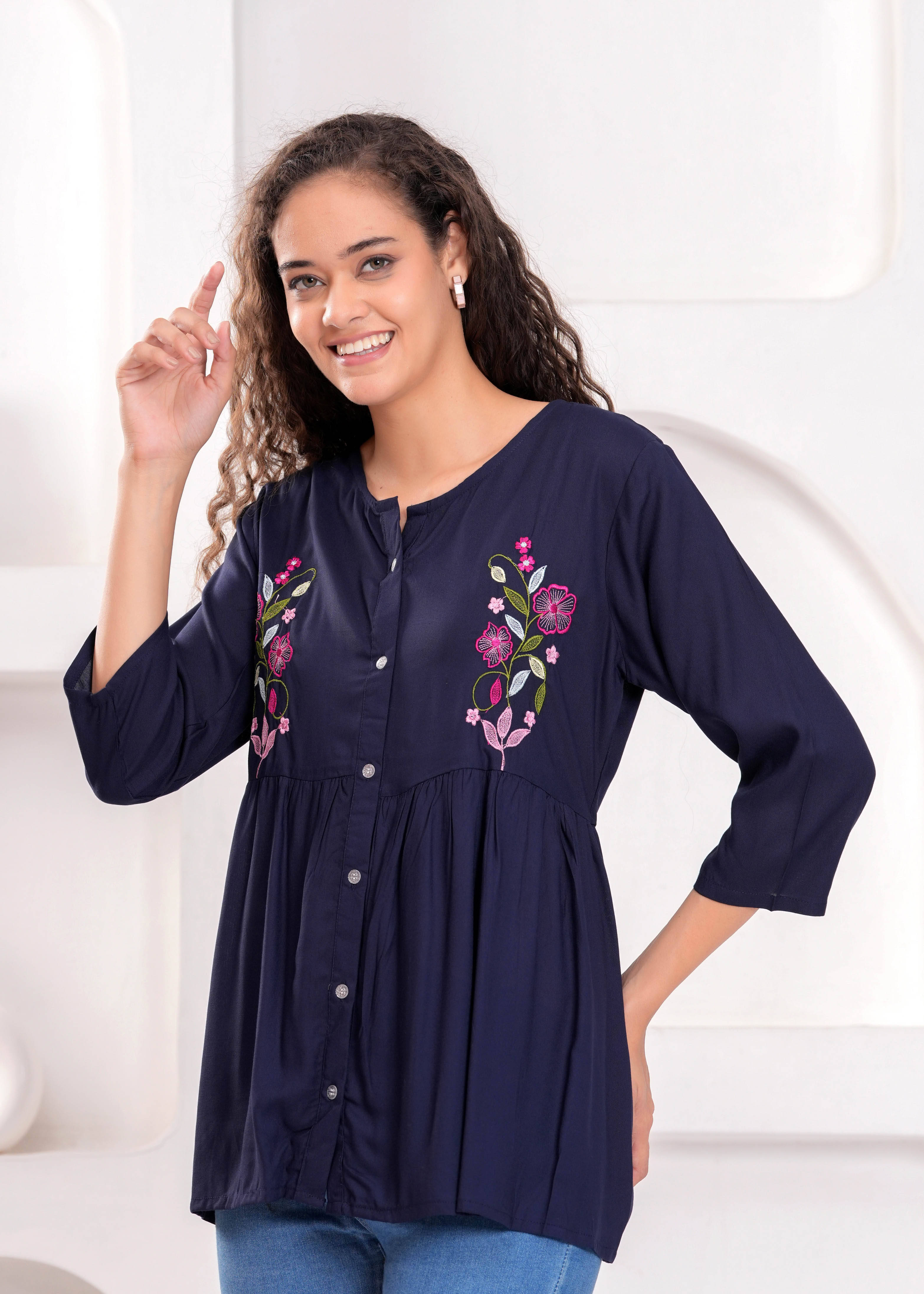 JAI SHIVAM TRADERS Women's Viscose Rayon Regular Top ( Navy Blue ) JAI SHIVAM TRADERS Women's Viscose Rayon Regular Top ( Navy Blue )
