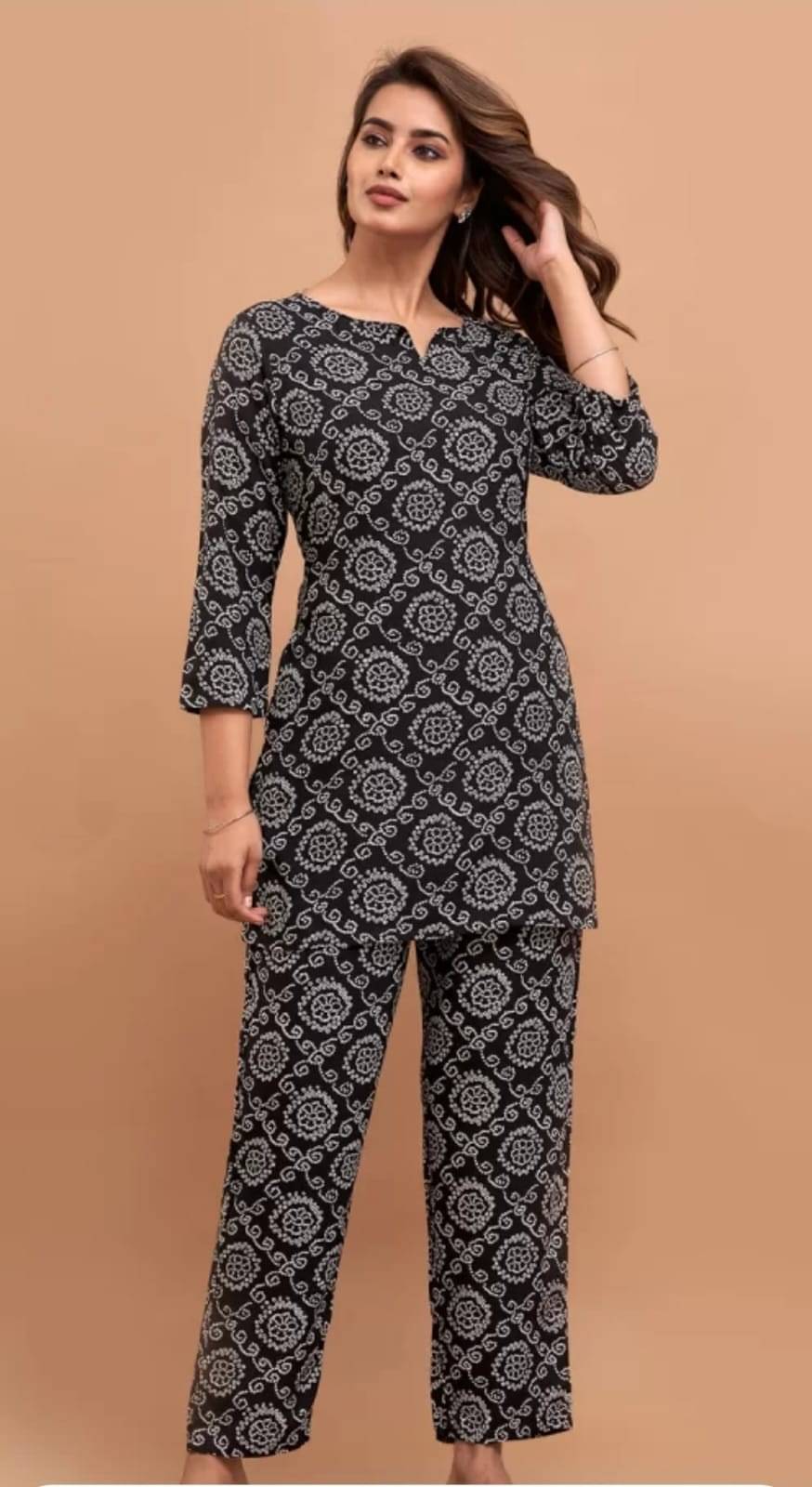     			JOGINI Women Rayon Printed A-line Kurti With Pants ( Black )