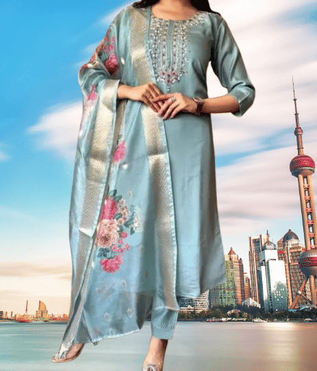     			KRISHNA ENTERPRISE Women Cotton Blend Embroidered A-line Kurti With Salwar ( Aqua Blue )