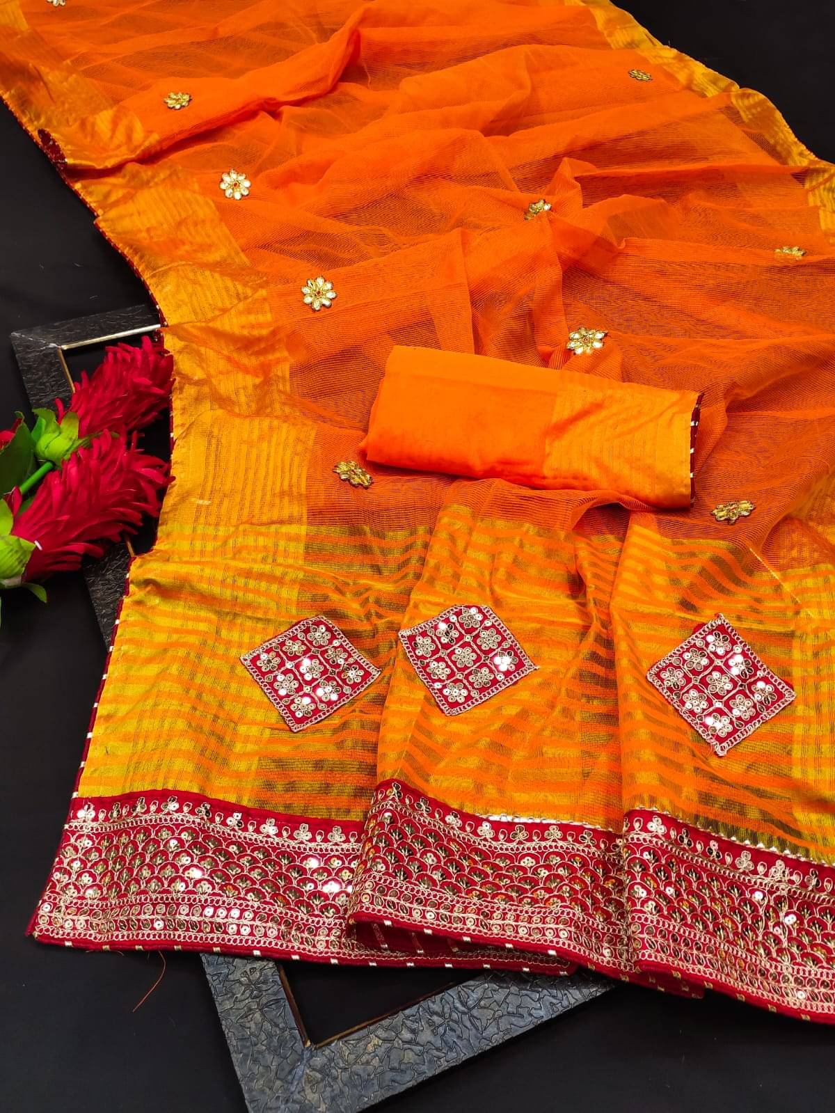     			Kanooda Prints Net Embroidered Saree With Unstitched Blouse Piece ( Orange )