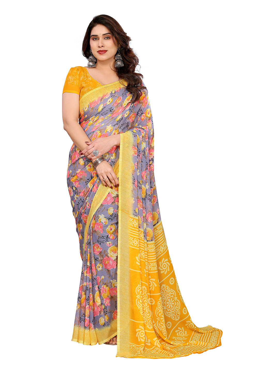     			Kashvi Sarees Georgette Printed Ilkal Saree With Unstitched Blouse Piece ( Grey )