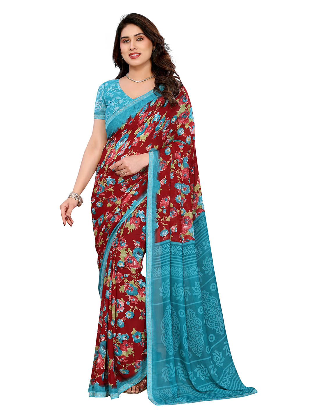     			Kashvi Sarees Georgette Printed Ilkal Saree With Unstitched Blouse Piece ( Maroon )