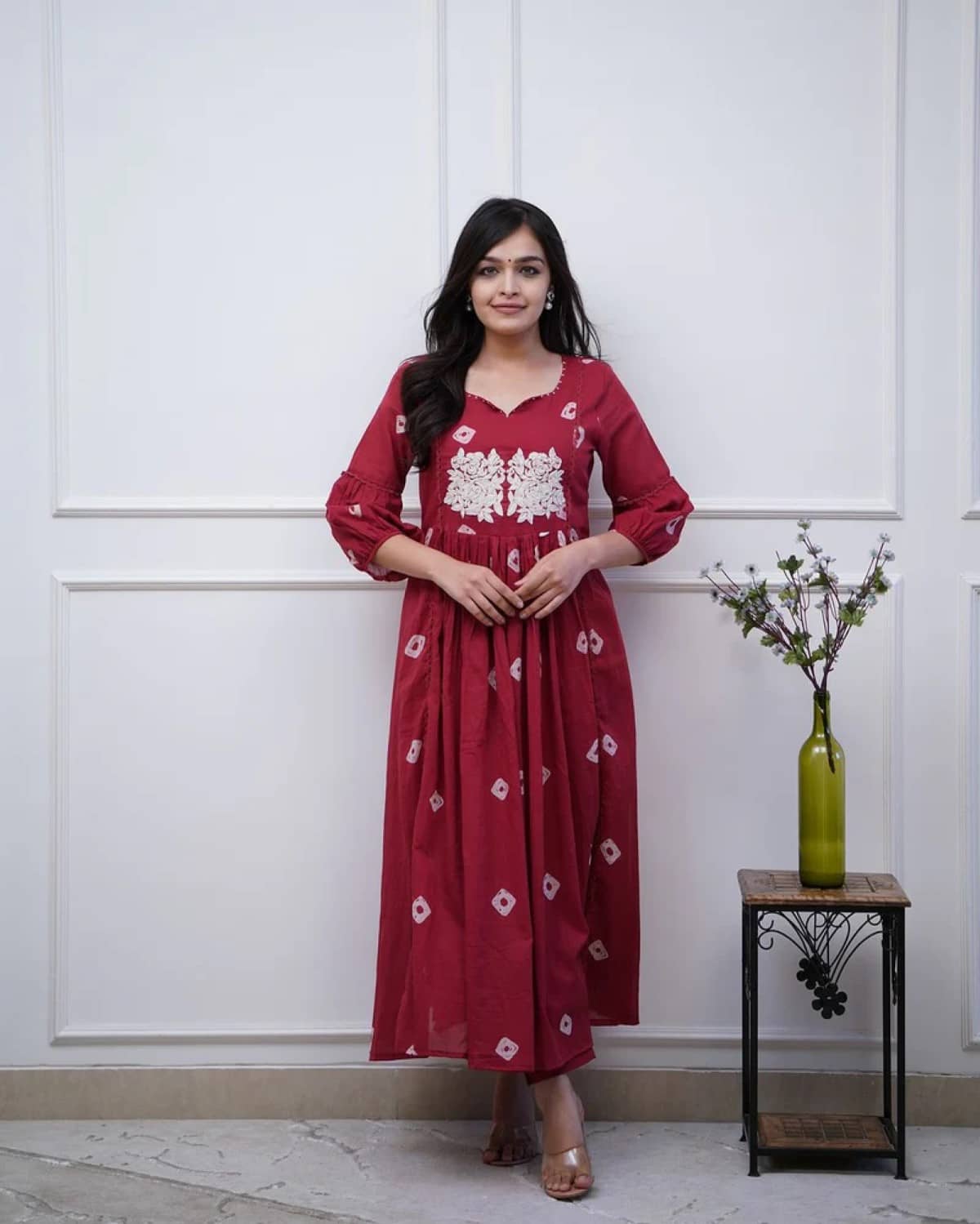 Lee Moda Women Rayon Embroidered Flared Kurti With Pants ( Maroon )