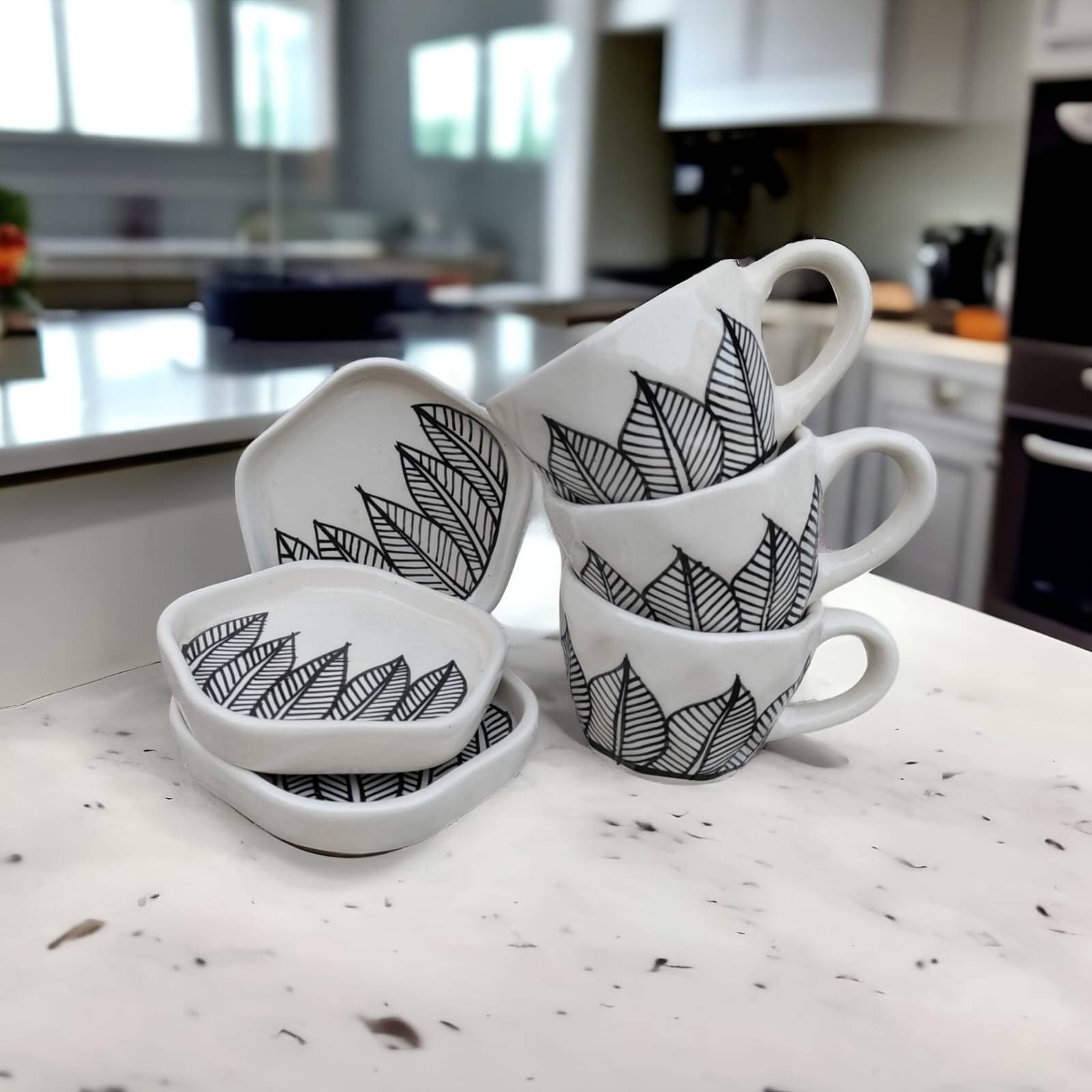     			Malaikah Blk Leaf Cup&Saucer Pk 3 Printed Ceramic Tea Set 250 ml ( Pack of 3 )