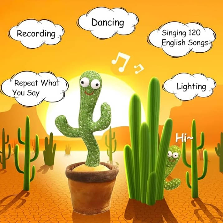     			Rechargeable Dancing Cactus Toy – Interactive Singing & Talking Plush Toy for Kids with Fun Lights, Recording & Repeating Function, USB Cable Included – Ideal Educational & Entertaining Gift