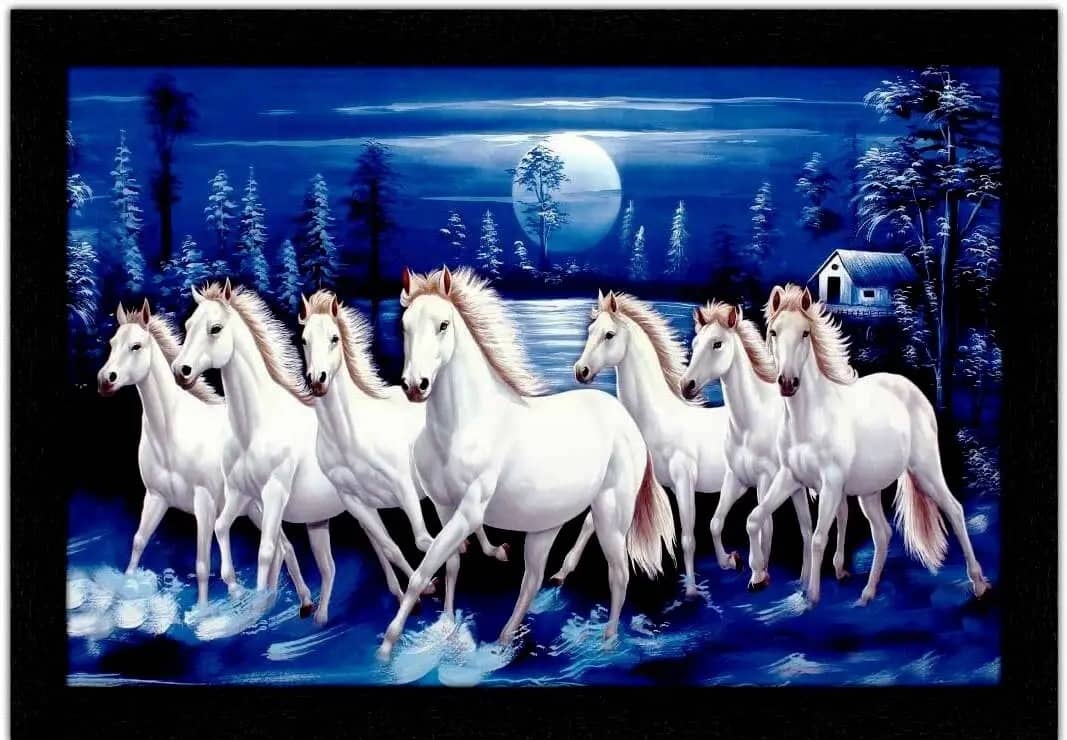 SNDArt - Vastu 7 Ruuning Horses Painting With Frame For Home Decor Gift Items 11 x 14 inch