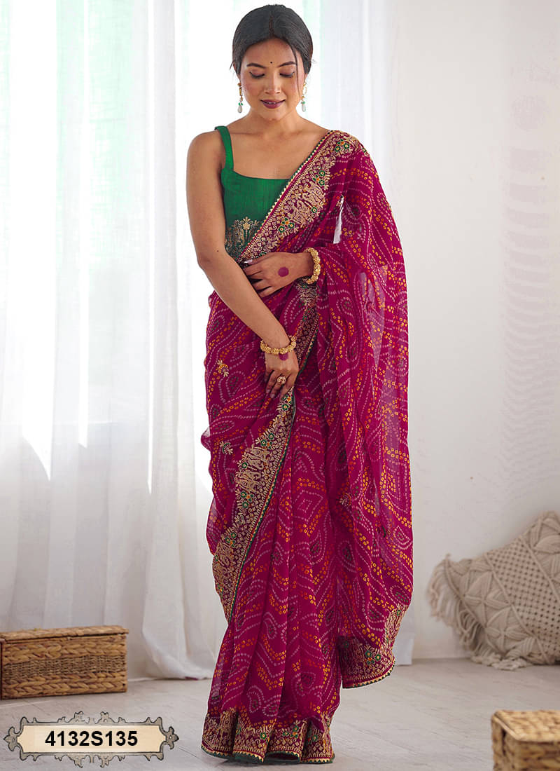     			Satrani Georgette Embroidered Bandhani Sarees With Unstitched Blouse Piece ( Pink )