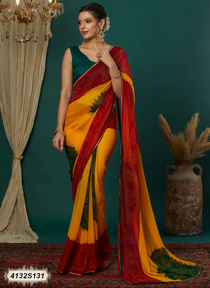 Satrani Georgette Printed Bandhani Sarees With Unstitched Blouse Piece ( Yellow ) Satrani Georgette Printed Bandhani Sarees With Unstitched Blouse Piece ( Yellow )