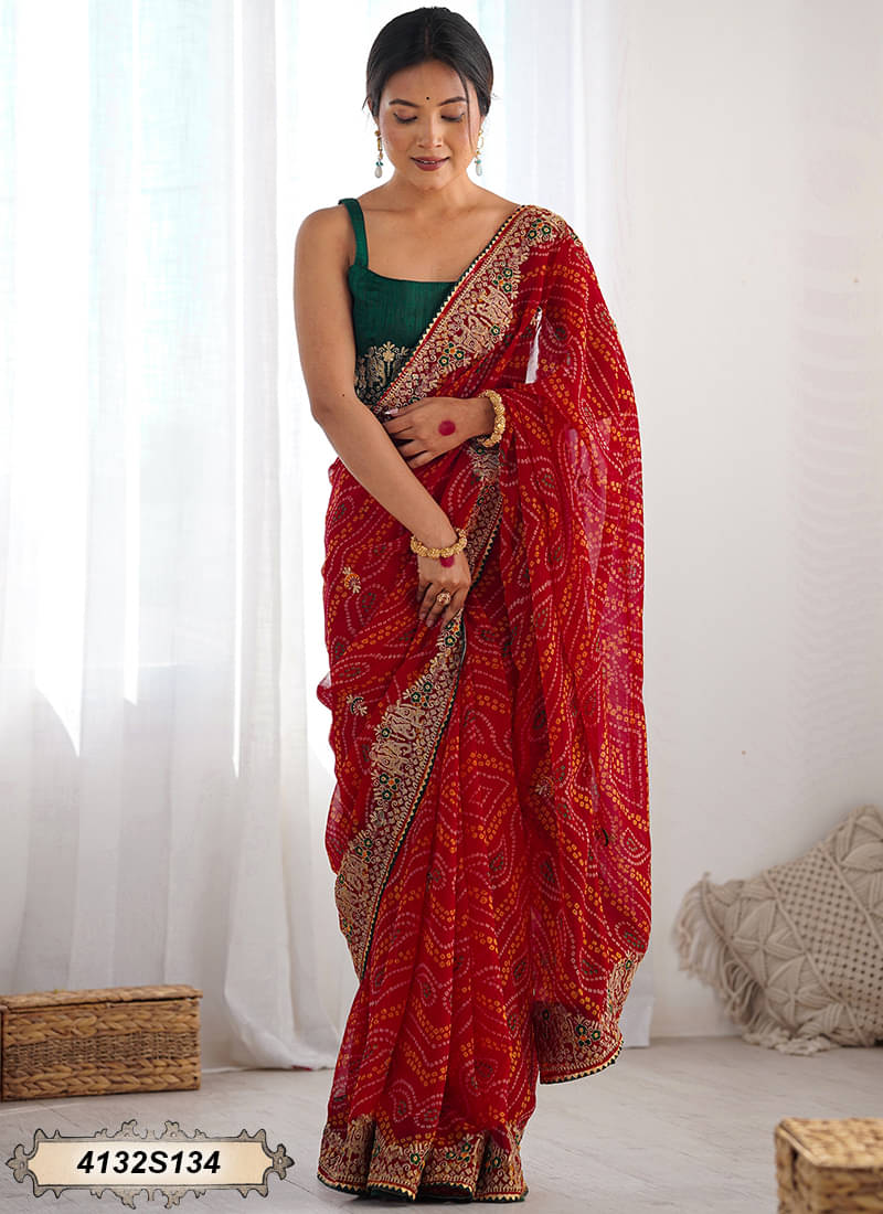 Satrani Georgette Printed Bandhani Sarees With Unstitched Blouse Piece ( Red ) Satrani Georgette Printed Bandhani Sarees With Unstitched Blouse Piece ( Red )