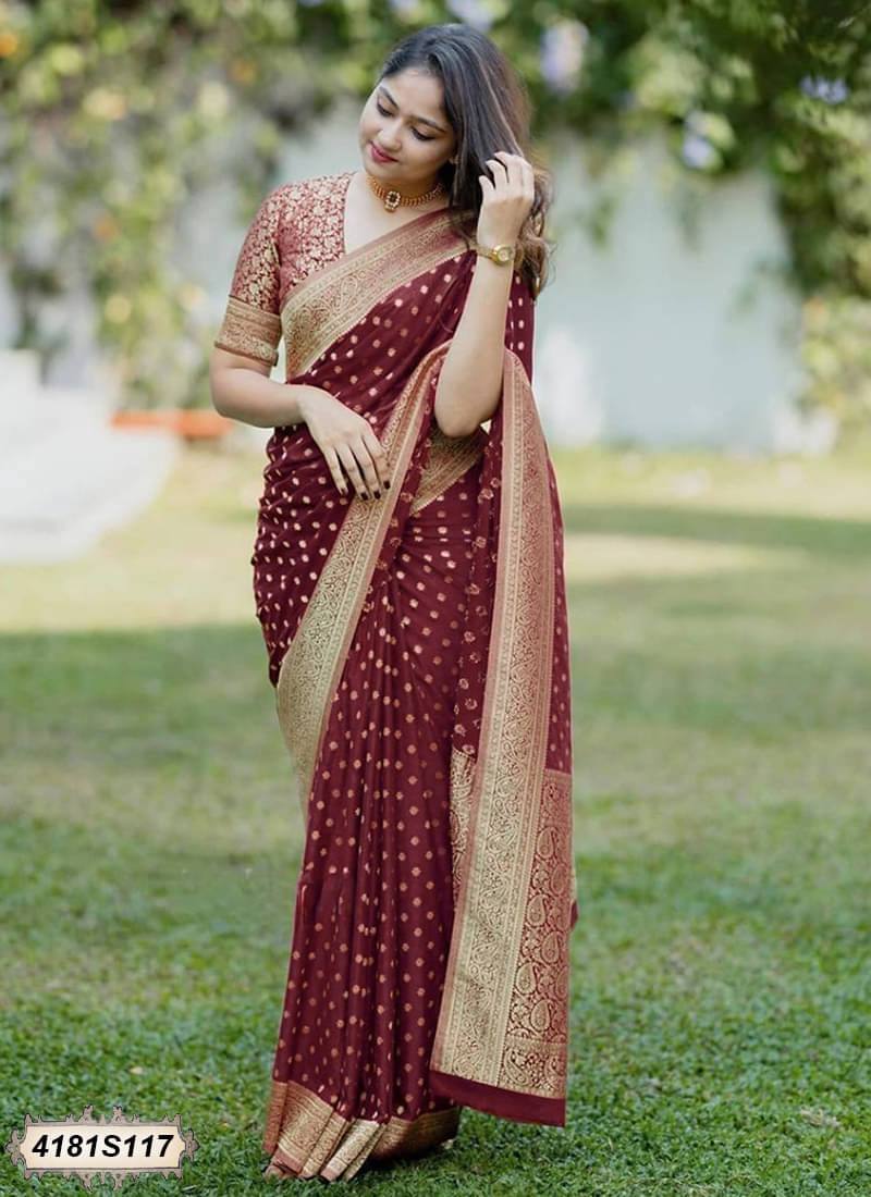 Satrani Silk Woven Banarasi saree With Unstitched Blouse Piece ( Maroon )     			Satrani Silk Woven Banarasi saree With Unstitched Blouse Piece ( Maroon )