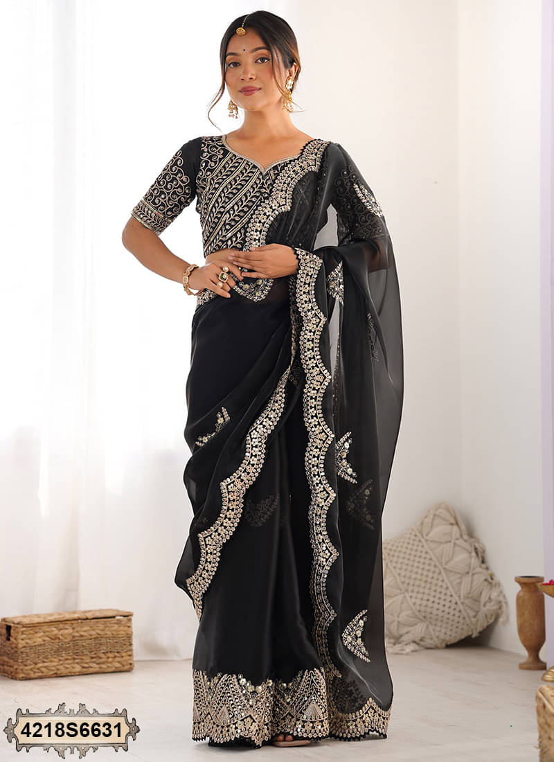     			Satrani Tissue Embroidered Saree With Unstitched Blouse Piece ( Black )