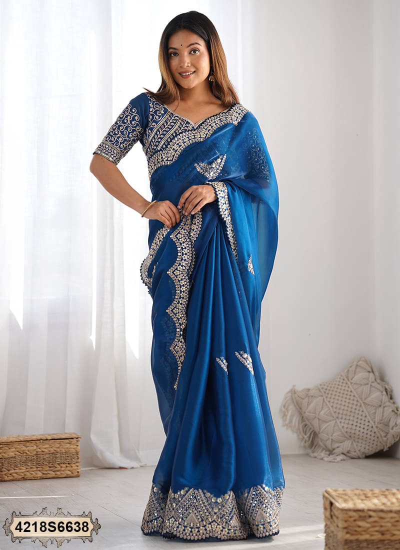     			Satrani Tissue Embroidered Saree With Unstitched Blouse Piece ( Navy Blue )