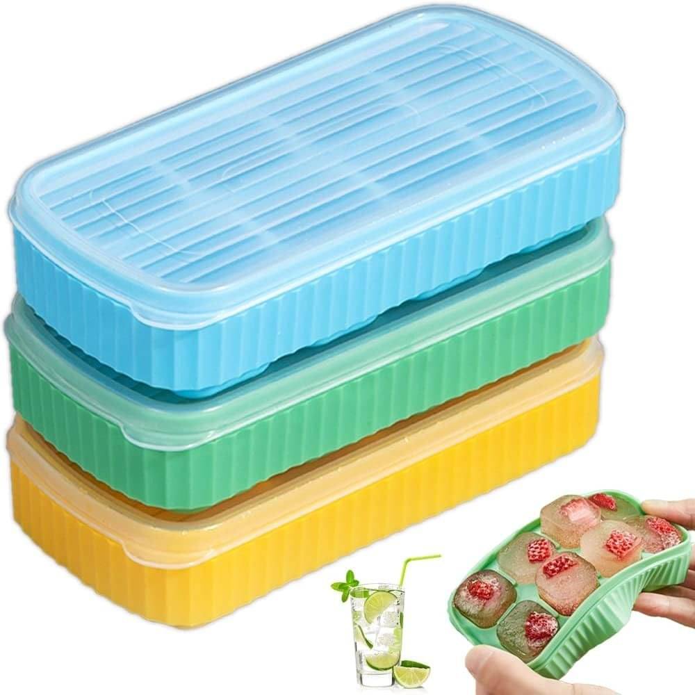     			Silicone Ice Cube Tray, 8 Cavity, Flexible and Easy Release, Multiple Colours, Pack-2 (with lid)