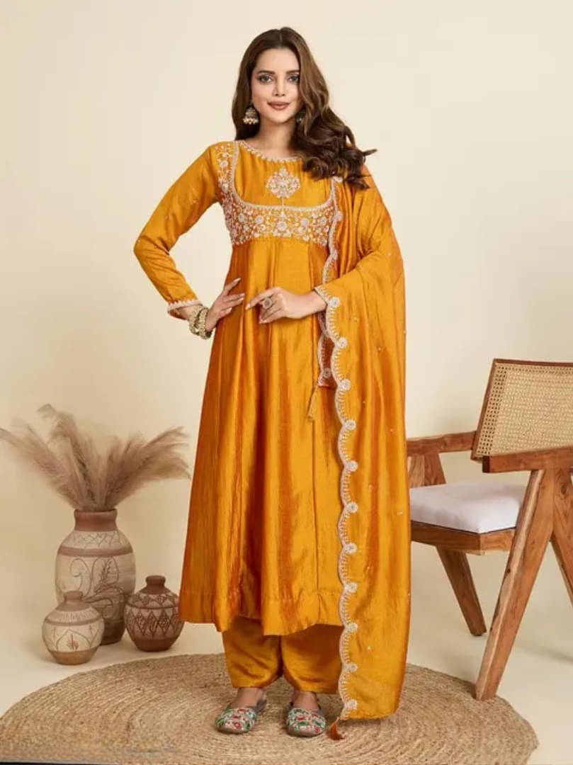 Topshop Fashion Women Silk Blend Embroidered Anarkali Kurti With Pants ( Mustard ) Topshop Fashion Women Silk Blend Embroidered Anarkali Kurti With Pants ( Mustard )
