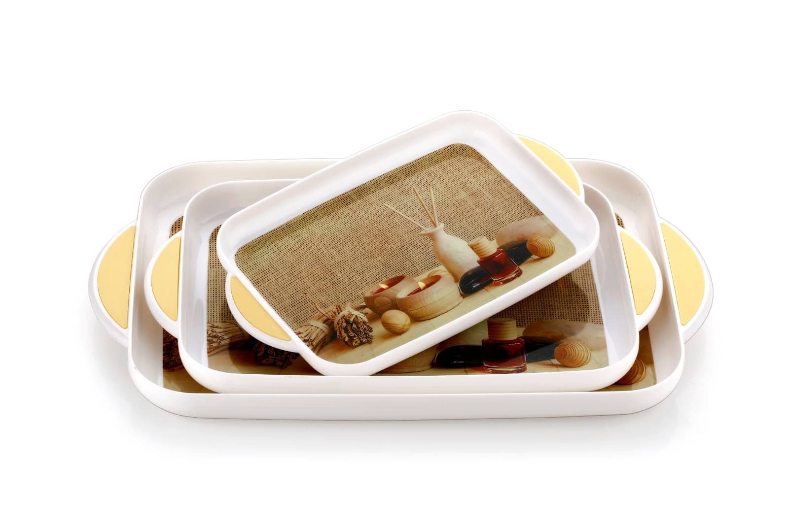     			UNICEPT Plastic Serving Tray Set of 3, Printed Welcome Tray for Kitchen, Honey Comb Printed Glass Tray -White(Size: Small, Medium and Large)