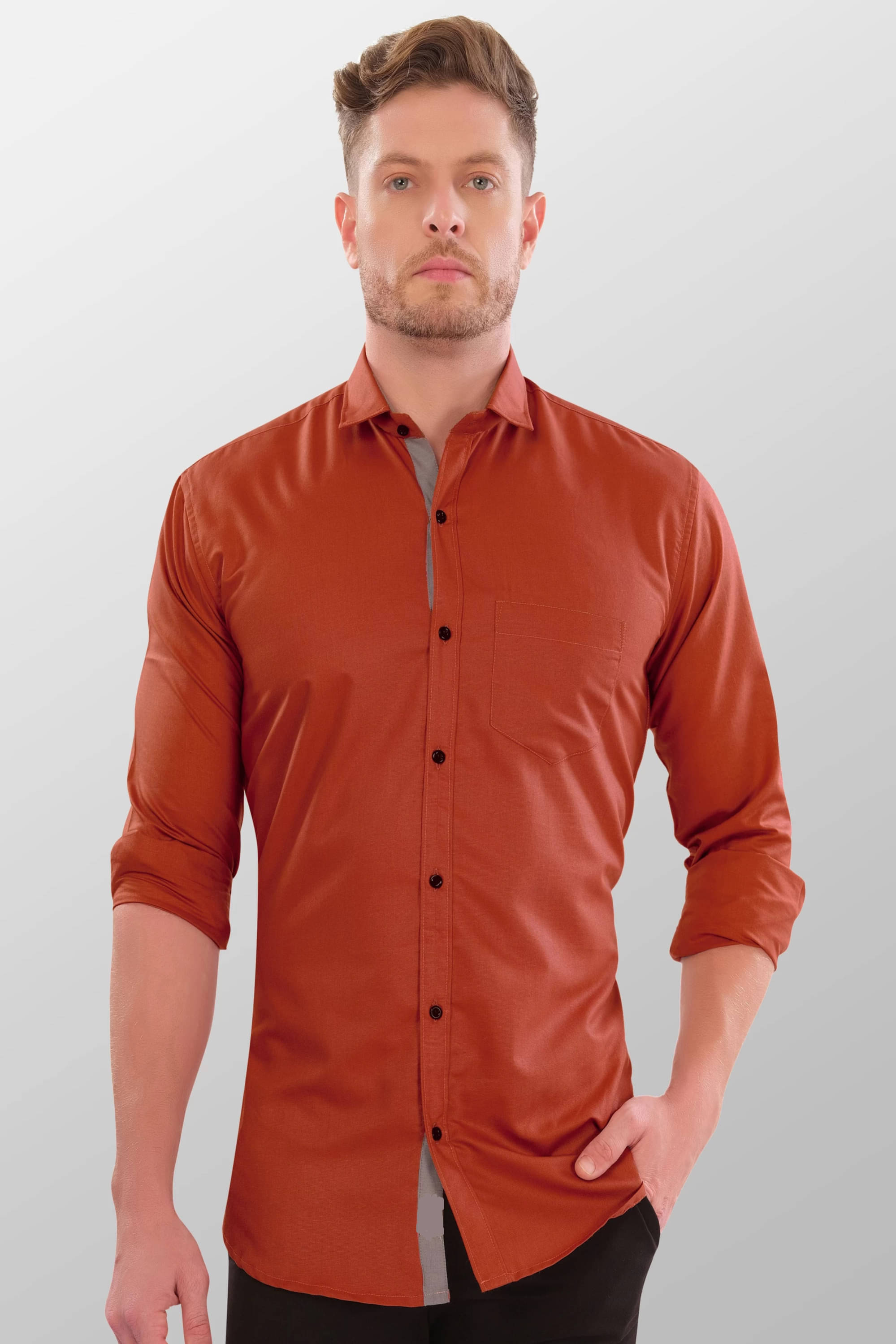 VERTUSY Cotton Blend Regular Fit Solids Full Sleeves Men's Casual Shirt - Orange ( Pack of 1 )     			VERTUSY Cotton Blend Regular Fit Solids Full Sleeves Men's Casual Shirt - Orange ( Pack of 1 )
